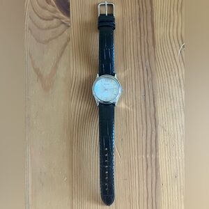 Bulova Women's Wrist Watch Silver Stainless Steel Black Leather Strap Band